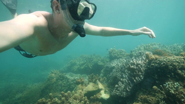 一个人在夏天的蓝色海洋下浮潜的POV。视频素材