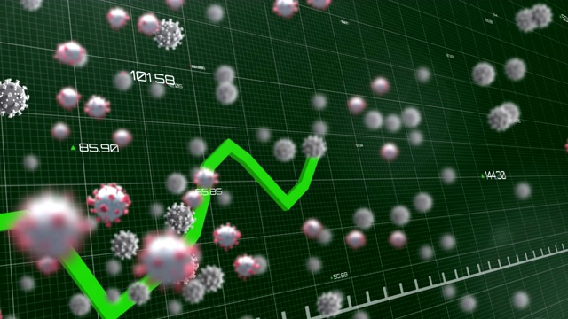 背景中绿色的图形和数字与Covid-19细胞相对移动视频素材