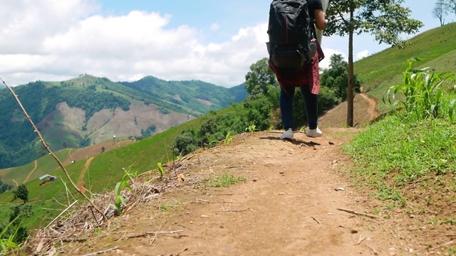 旅行女人背包与地图放松户外在暑假旅行在令人惊叹的风景在泰国的自然。旅行和搭便车的概念。视频素材