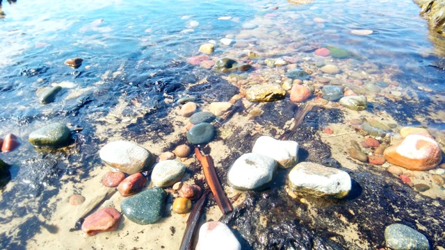 海滩上平静的浅水中的石头特写视频素材