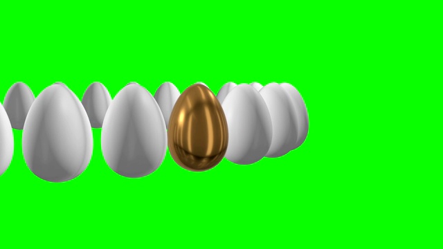 金蛋排成一排的白蛋。3 d渲染。复活节，挤出人群，经营理念。视频素材
