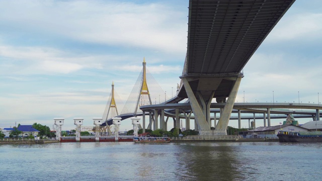 Bhumibol Bridge and Chao Phraya River in structure of suspension architecture concept，曼谷城市。日落时分的泰国市中心。视频素材