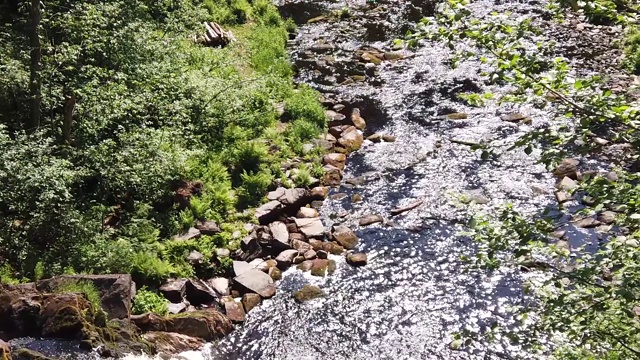 山中有河，森林茂密。岩石水道。森林的小溪。缓慢的运动。悬崖上的景色视频素材