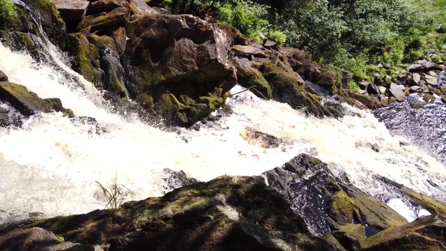 山区河流。密林中的瀑布。森林的小溪。水花四溅。视线跟随水的流动视频素材