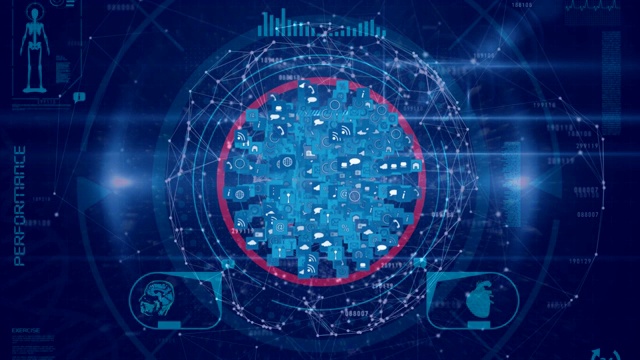 数字图标形成一个针对数据处理的地球仪视频素材