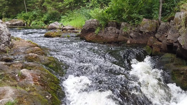 在森林瀑布。山区河流。森林的小溪。水花四溅。慢动作视频素材