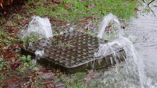 在英国湖区安布尔赛德发生洪水时，一个井盖被水压推了起来。视频素材