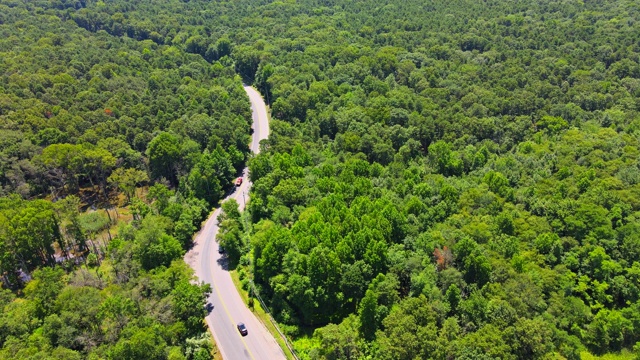 穿越绿林公路鸟瞰图，汽车驾车穿越森林俯瞰一条省道视频素材