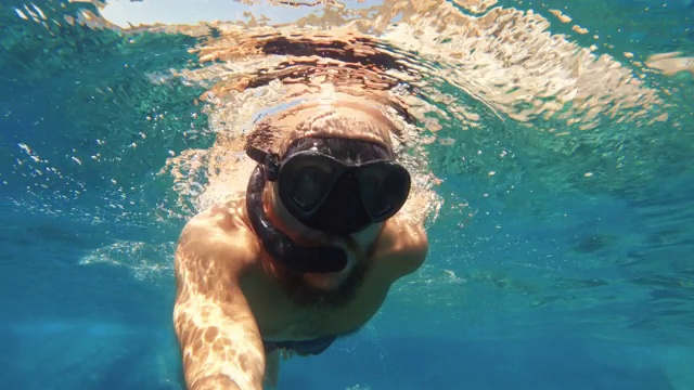 一个男人在夏天的海里游泳和浮潜视频素材