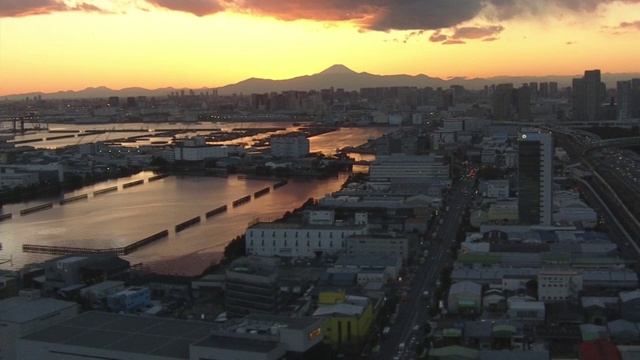 空中，东京湾地区与夕阳中的富士山，日本视频素材