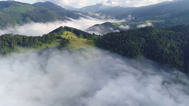 飞过云雾缭绕的青山。清晨，森林覆盖着雄伟的山脉。生态旅游、乡村休闲。空中射击,4 k视频素材