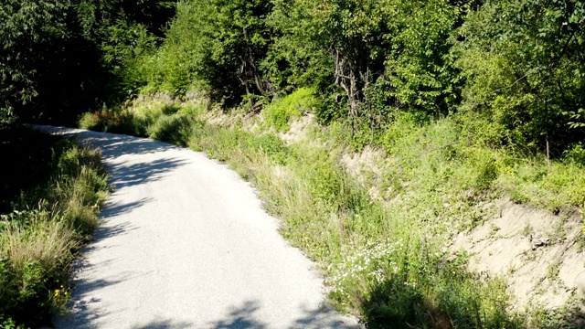 飞过一条公路，在一个被茂密森林包围的巨大山区视频素材