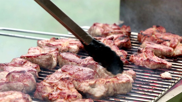 夏天在烤架上烤羊肉串和烤肉视频素材