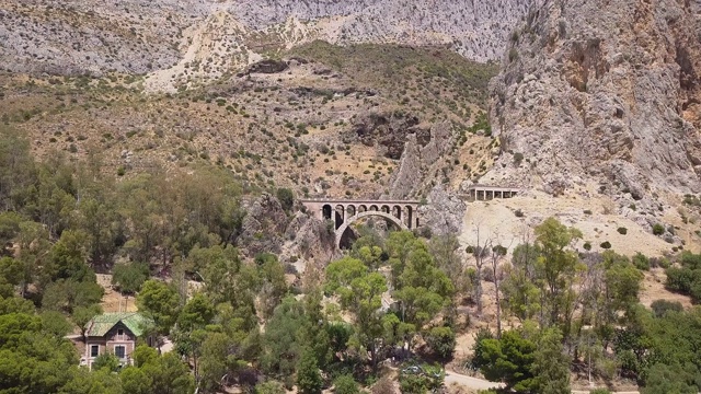 在西班牙马拉加的El Chorro峡谷，“El Caminito del Rey”国王小径的无人机视图视频素材