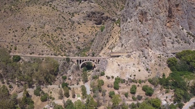 在西班牙马拉加的El Chorro峡谷，“El Caminito del Rey”国王小径的无人机视图视频素材