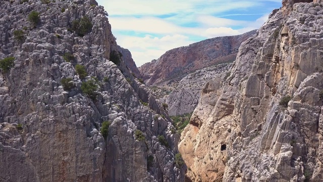 在西班牙马拉加的El Chorro峡谷，“El Caminito del Rey”国王小径的无人机视图视频素材