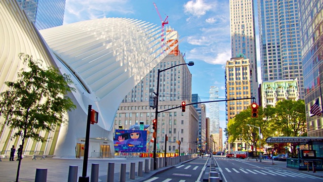 纽约的西田世界贸易中心。城市道路。金融建筑。涂鸦。视频素材