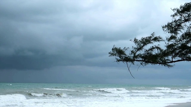 戏剧性的黑暗，雷雨，暴风雨云和可怕的灰色云景在暴风雨的海水表面视频素材