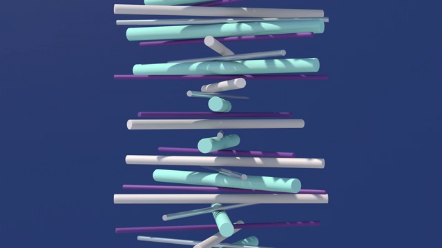 彩色圆柱体变形和旋转。蓝色背景。抽象动画，3d渲染。视频素材