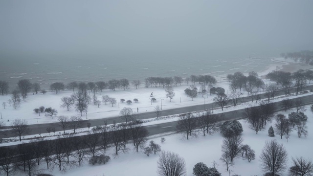 在下雪的时候，摇下密西根湖的湖滨和芝加哥北部的湖滨车道，包括树木在内的一切都被白色覆盖。视频素材