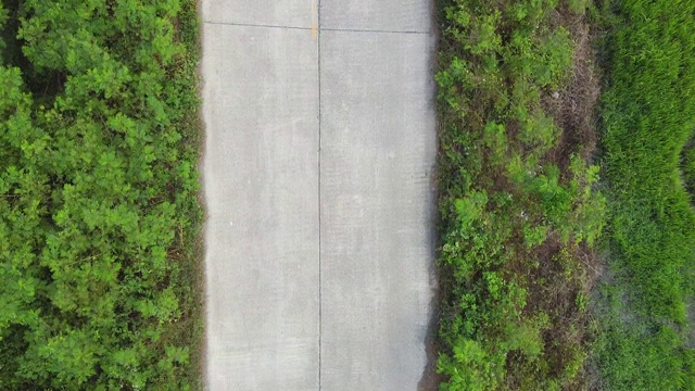 空中近景无人机没有汽车在美好的晨光。空旷的道路笔直向前，靠近农田与绿色植被树木在农村森林。视频下载