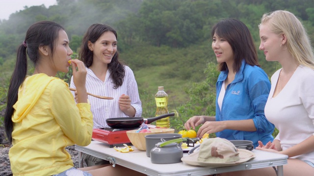 快乐的和一群朋友在夏天野餐与烹饪食物，团体女子享受和乐趣露营旅行冒险和早餐休闲一起在假期，背包旅行在假期。视频素材