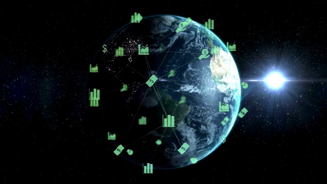 数字合成视频的网络连接与图标移动，以旋转的地球为背景视频素材