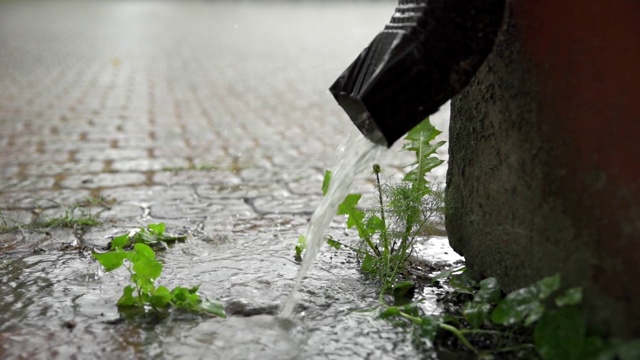 雨水在屋顶排水管的铺路石上流动，动作缓慢视频素材