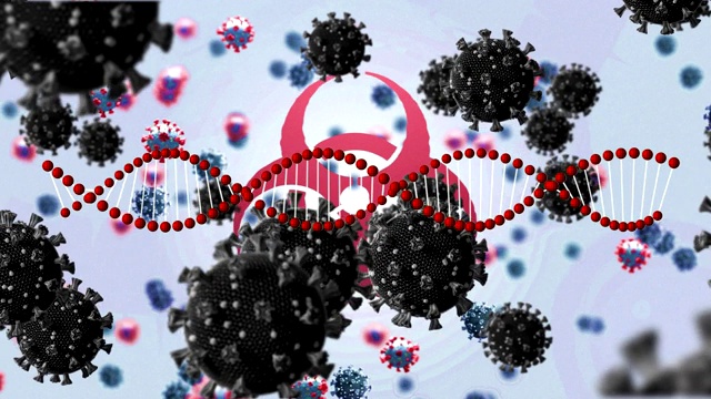 生物危害标志、蓝色背景下的Covid-19细胞和DNA结构视频素材