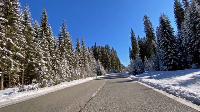 冬天，在白雪覆盖的森林里，行驶在空旷的道路上视频素材