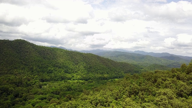 美丽的飞行在泰国的早晨野生森林山脉。空中视频飞越山脉视频素材