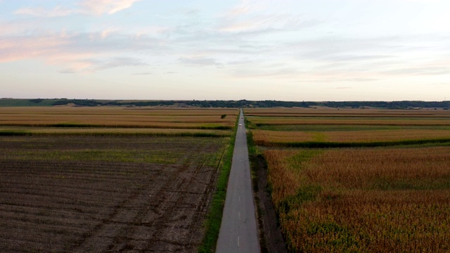 飞过田野中央的一条乡村公路视频素材