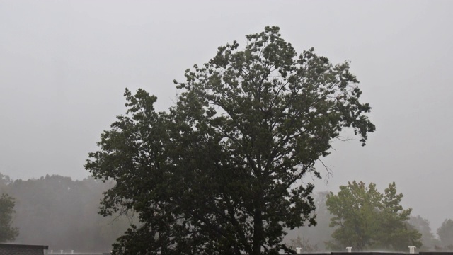 夏天，大雨倾盆，雨水从屋顶流到镇上视频素材