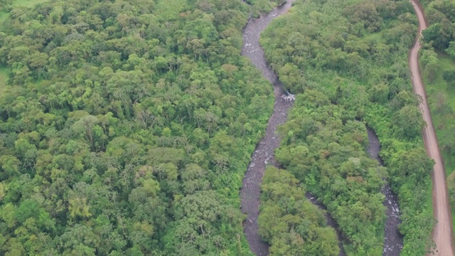 河流穿过雨林的阿雷纳尔火山国家公园，哥斯达黎加。无人机高空视图视频素材