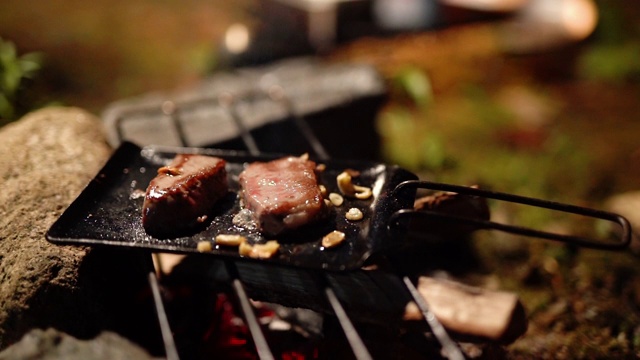 中等镜头的肉在篝火上烹饪视频素材