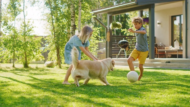 两个孩子和他们英俊的金毛猎犬在后院草坪上玩得很开心。他们宠物，玩耍，在地上处理它和抓挠。在《大白鲨》中，快乐的狗拿着玩具足球。夏天郊区的房子视频素材