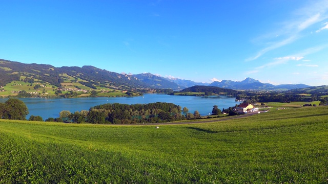 格鲁耶尔湖(Lac de la Gruyère)的背景是阿尔卑斯山视频素材