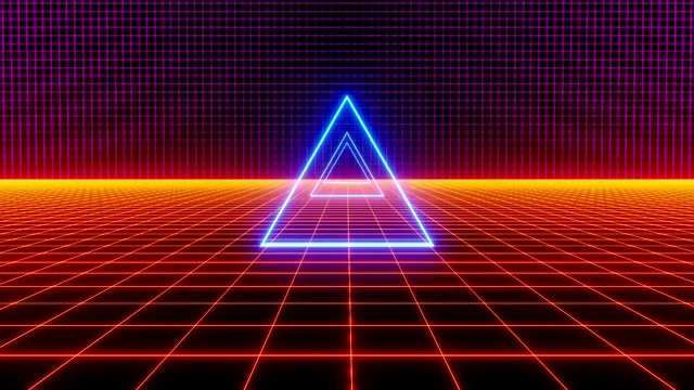 抽象未来发光三角形霓虹激光在数字景观3d渲染视频素材