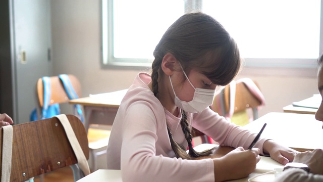 小学生与老师在小组学习课上写作。戴口罩的小学生女孩。Covid-19学校重开概念视频素材