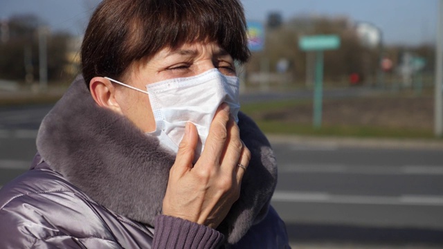 生病的老妇人戴着口罩在户外咳嗽。冠状病毒、流感大流行概念视频素材