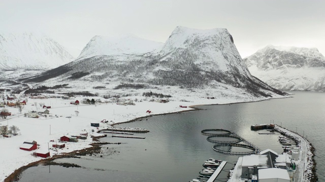 挪威Senja岛Flakstadvag附近积雪覆盖的山脉的航拍图。视频下载