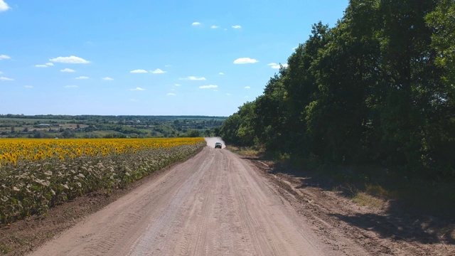 空中拍摄的黑色皮卡快速驶过空旷的乡村公路。越野车辆在尘土飞扬的道路上行驶。在夏天的乡村路上开车飞过。农业的概念。视频素材