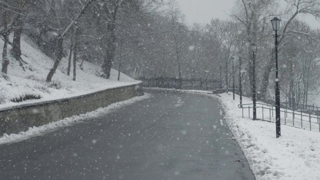 雪落在空旷的城市公园路上。没有人视频素材