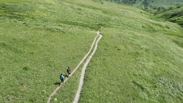 几个徒步旅行者在山里的小路上散步视频素材