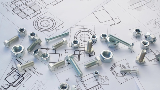 科学，力学和机械工程。以工程图纸为背景的螺栓和螺母。视频素材