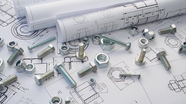 工程图纸上的螺栓和螺母。视频素材
