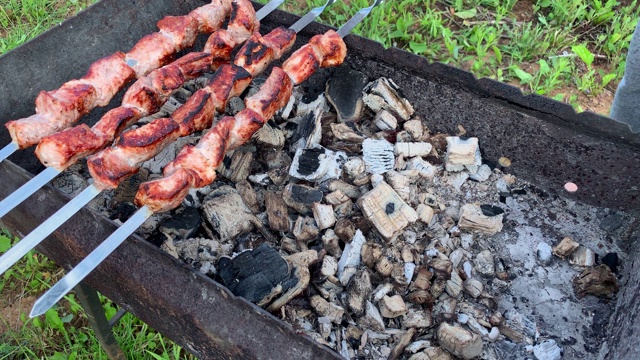 在烤架上烹饪肉类，一个人把令人开胃的烤肉串和蔬菜，在夏天在露天烹饪，木炭是吸烟，烤肉串烧烤派对视频素材