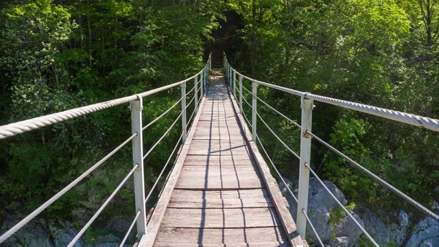 走过绿树成荫的吊桥视频素材