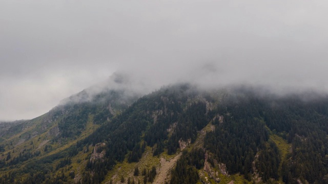 鸟瞰图雾鸟瞰图绿色景观覆盖着山，松树和岩石。Hyperlapse 4 k视频素材