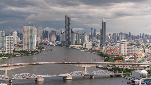 曼谷城市景观的时间流逝与各种建筑摩天大楼和桥梁视频素材